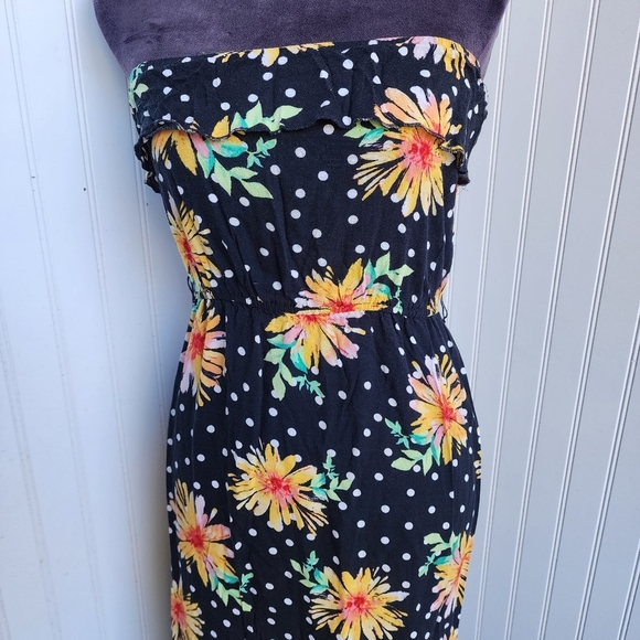 Bongo Maxi Dress Womens Black Yellow Sunflower Strapless Chic Floral Ruffle Sz S - Picture 3 of 13